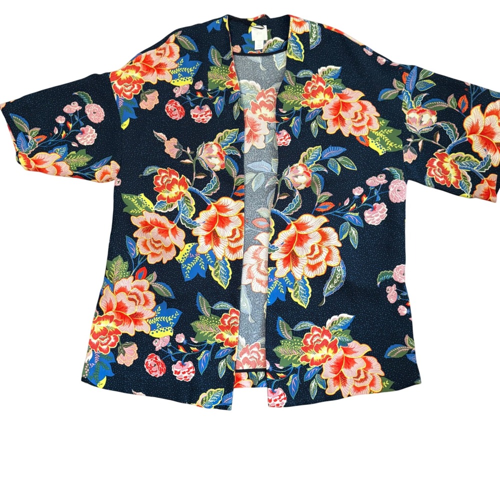 Floral Kimono Jacket Navy Multicolor Peony Print Lightweight Layer Sz Medium 374